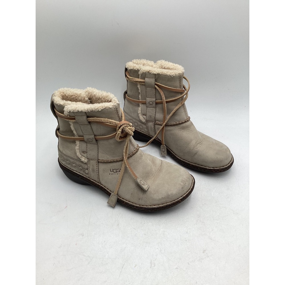 UGG Australia Nightfall Leather Sheepskin Lace Up‎ Boots Sand 5136 Womens 7